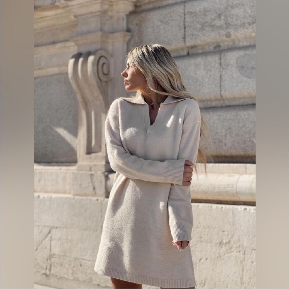 Zara Cream Polo Collar Wool Blend Knit Sweater Dress Size Small